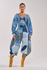 COMFY COZY JUMPSUIT IN DENIM PATCHWORK
