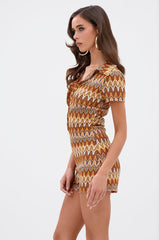 RYLEE ABSTRACT PRINT COLLARED ROMPER IN BROWN