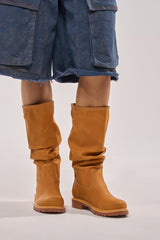 AKIRA GOLD BARTLETT TAN FLAT RUCHED BOOTIE