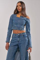 SHAKE IT OFF DENIM OFF THE SHOULDER TOP