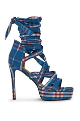 AZALEA WANG JEMISHA BLUE PLAID PRINT PLATFORM STRAPPY SANDAL
