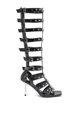 AKIRA GOLD HARDWARE EMBELLISHED BLACK GLADIATOR SANDAL