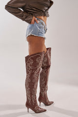 AZALEA WANG KETA BROWN WESTERN THIGH HIGH STILETTO BOOT