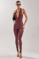 LATE TO THE PARTY LEATHER JUMPSUIT IN BURGUNDY