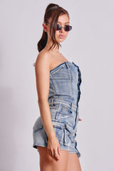 SEE ME WIN DENIM ROMPER IN LIGHT WASH