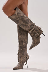 AZALEA WANG RONDEL BROWN MULTI DISTRESSED STILETTO BOOT