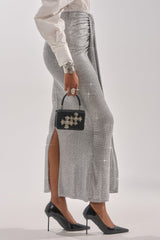 BRIGHT LIGHTS RHINESTONE MAXI SKIRT IN SILVER