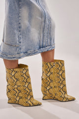 AZALEA WANG VINCI YELLOW SNAKE PU PRINT WEDGE BOOTIE