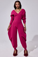 COMFY COZY SWEATSHIRT JUMPSUIT IN PLUM
