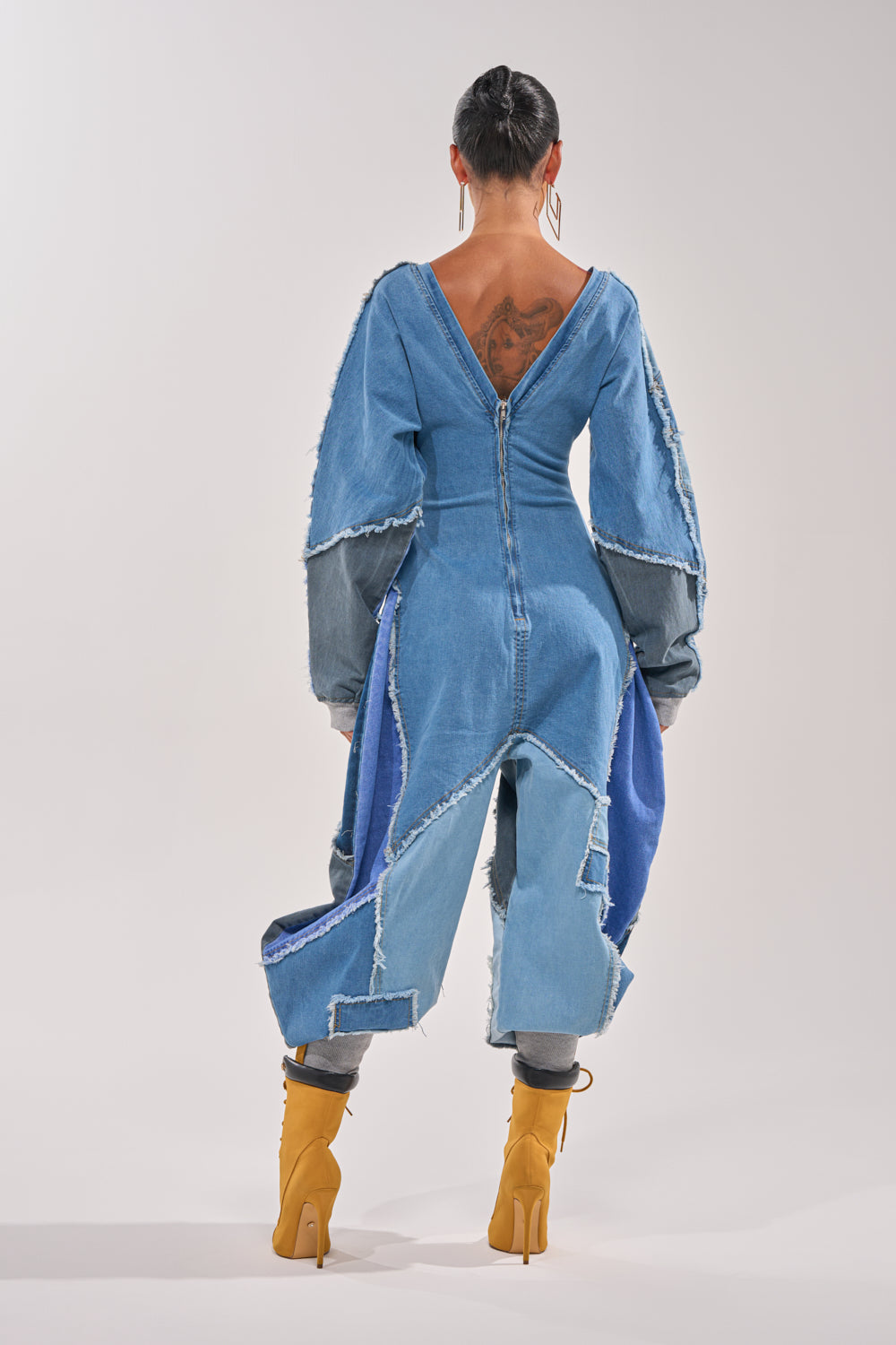 COMFY COZY JUMPSUIT IN DENIM PATCHWORK