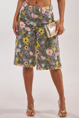 GARDEN PARTY STRETCH DENIM WITH FLORAL TULLE BERMUDA SHORTS