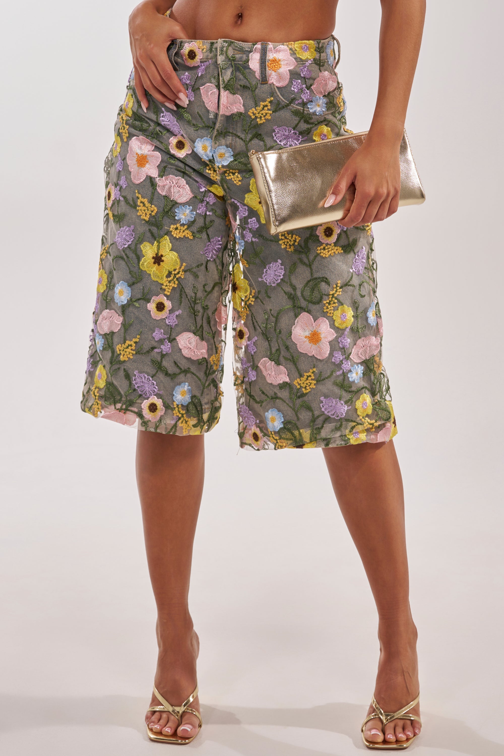 GARDEN PARTY STRETCH DENIM WITH FLORAL TULLE BERMUDA SHORTS