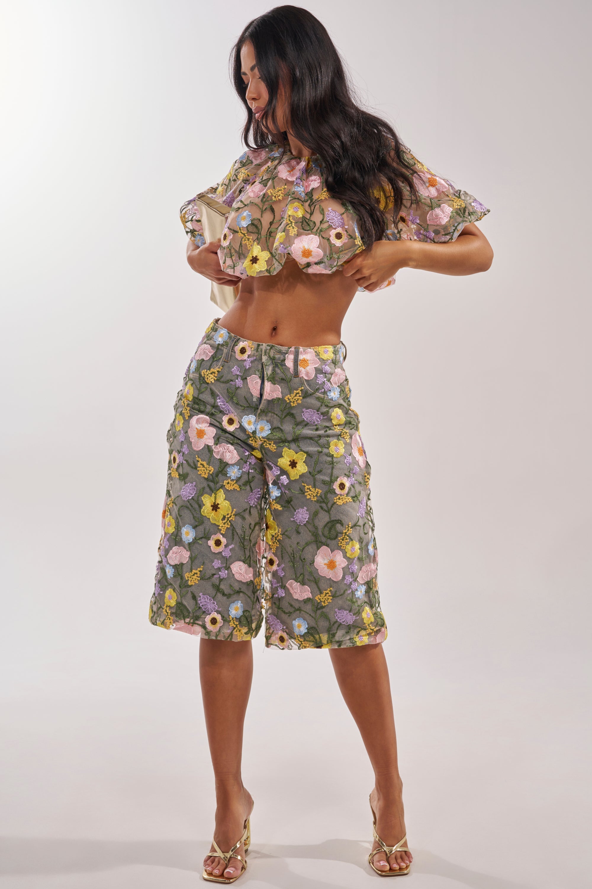 GARDEN PARTY STRETCH DENIM WITH FLORAL TULLE BERMUDA SHORTS