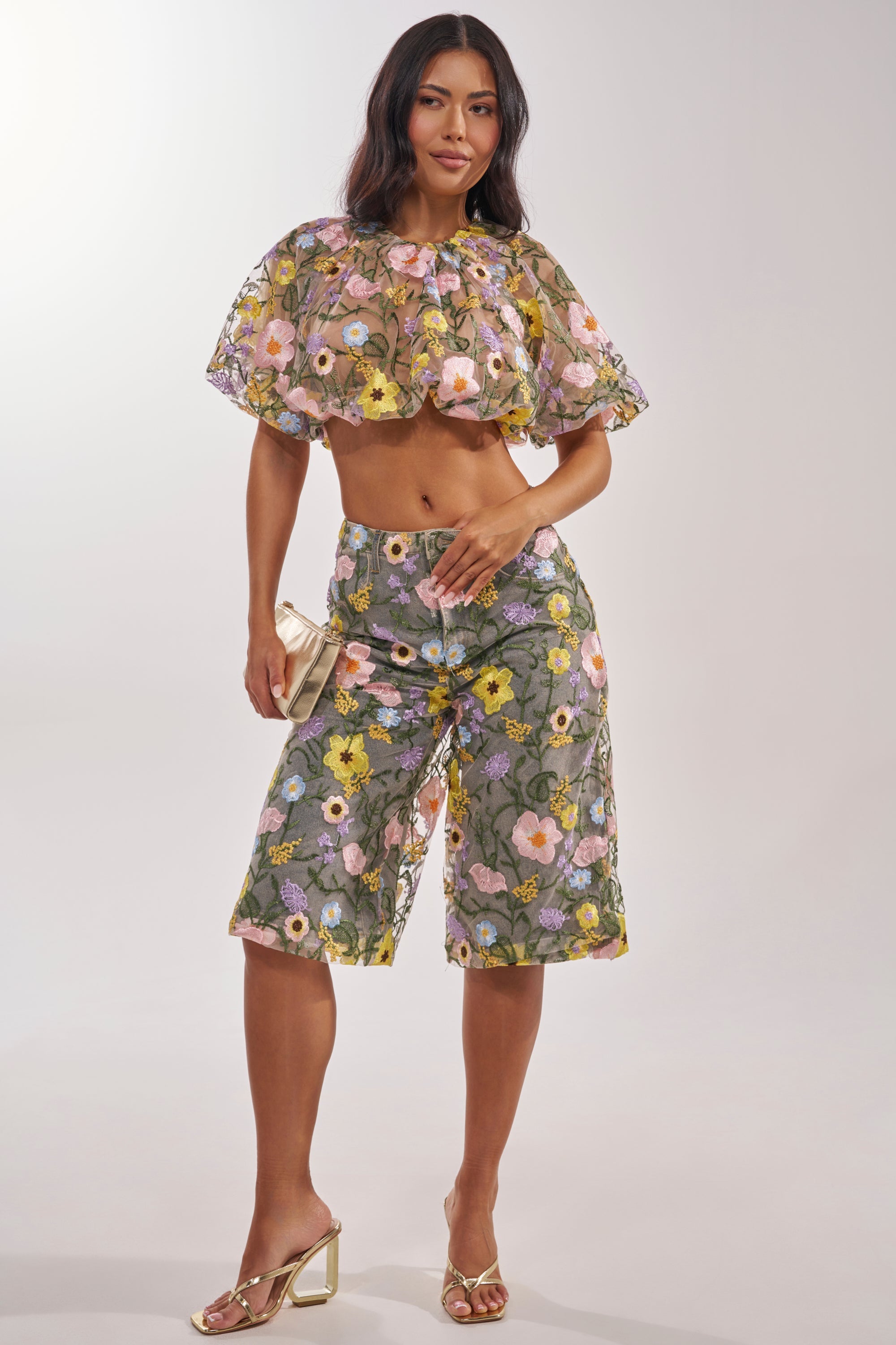 GARDEN PARTY STRETCH DENIM WITH FLORAL TULLE BERMUDA SHORTS