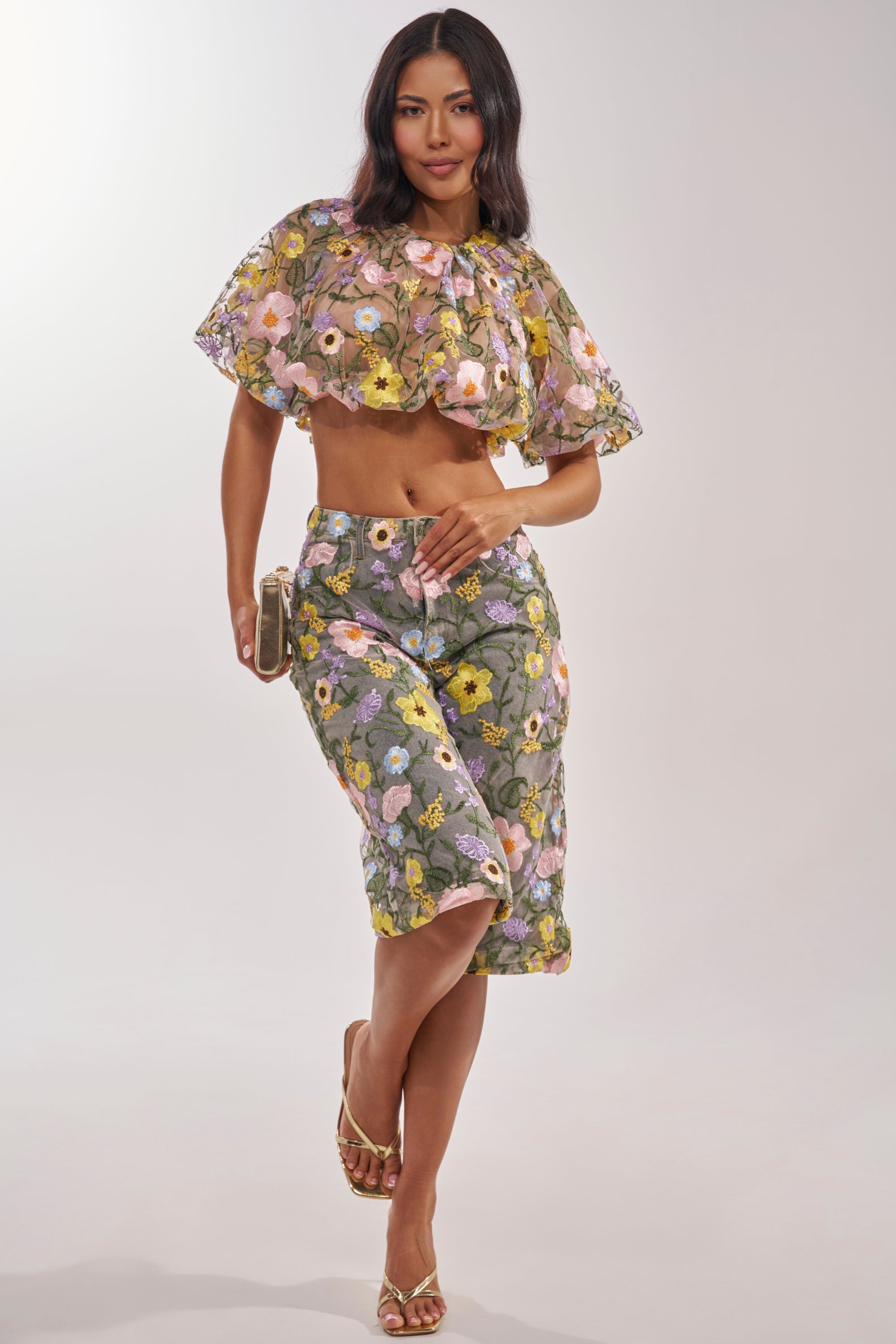 GARDEN PARTY STRETCH DENIM WITH FLORAL TULLE BERMUDA SHORTS