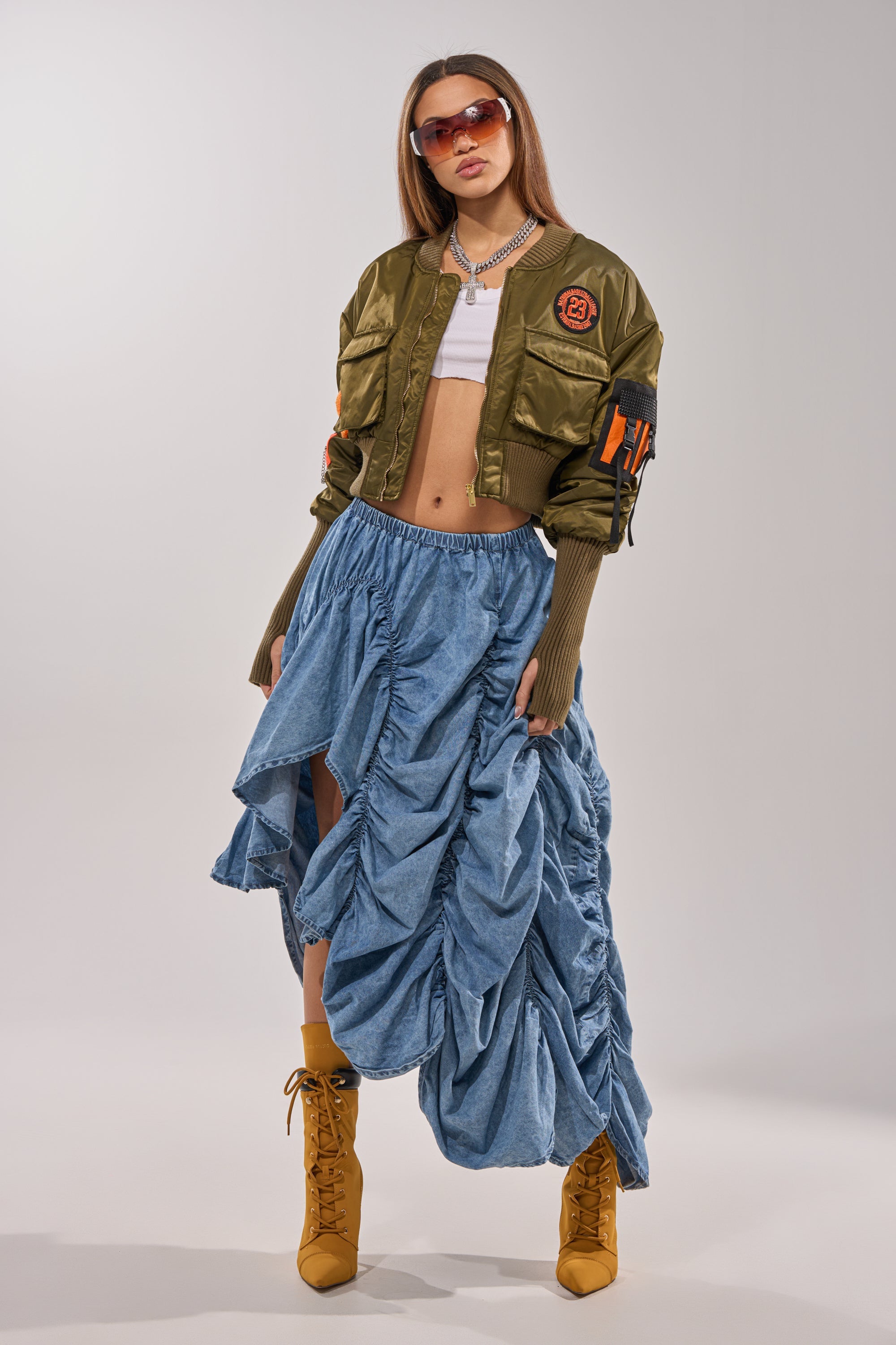 LETS CHANGE IT UP RUCHED MIDI SKIRT IN CHAMBRAY