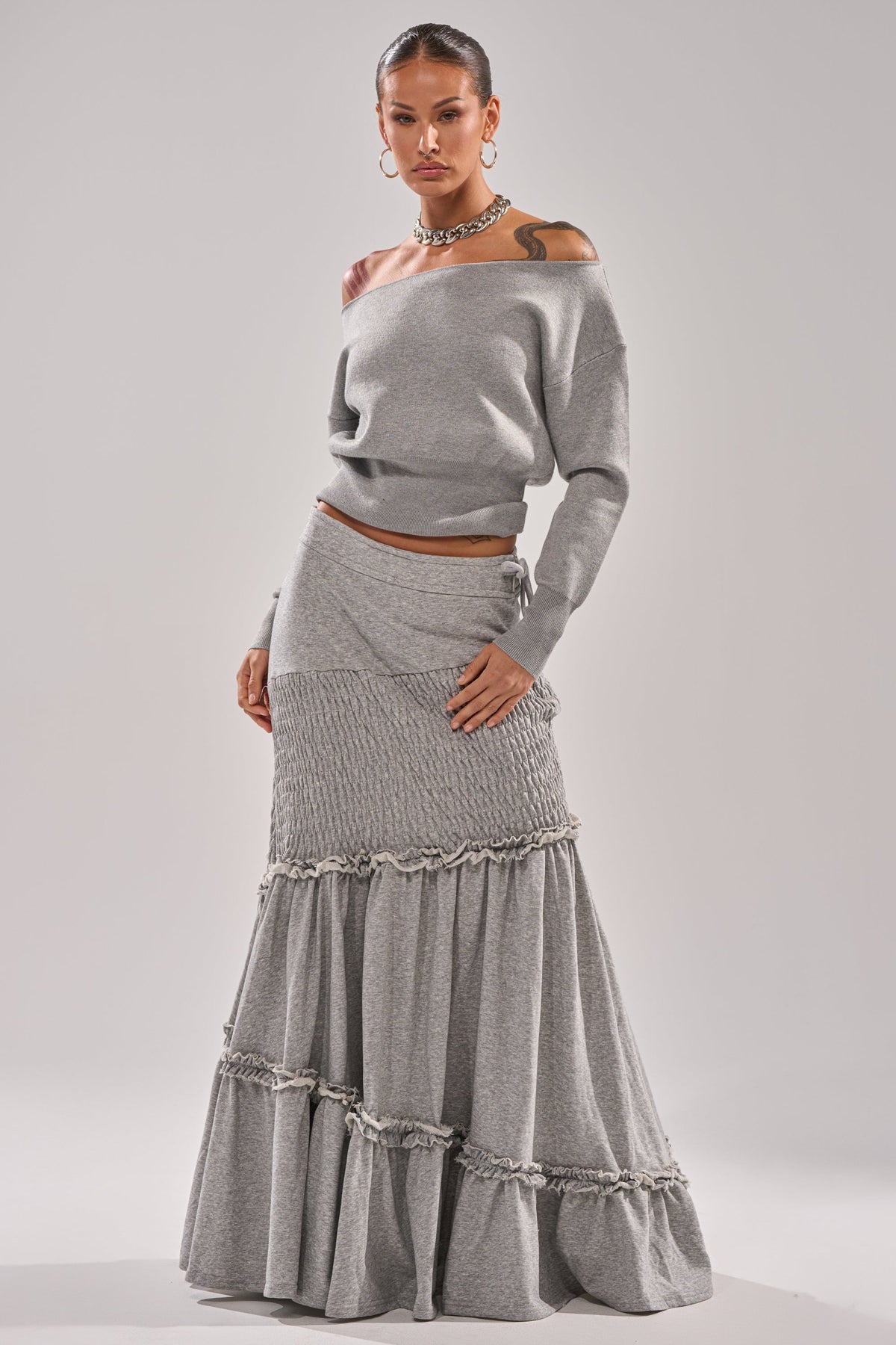 IT ONLY GETS BETTER RUCHED MAXI SKIRT IN HEATHER GREY
