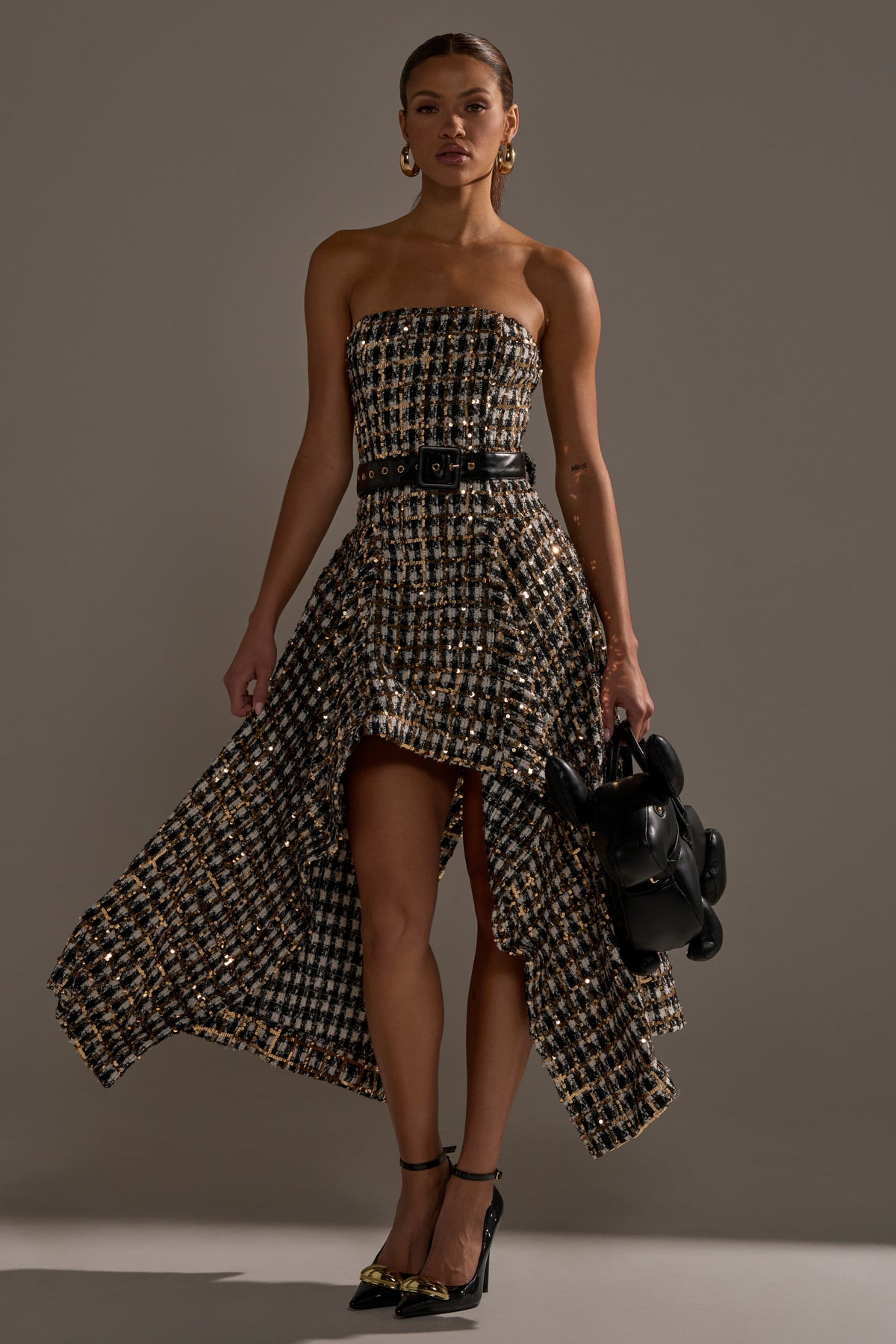PURE ROYALTY BROCADE HIGH LOW TWEED DRESS WITH SEQUINS