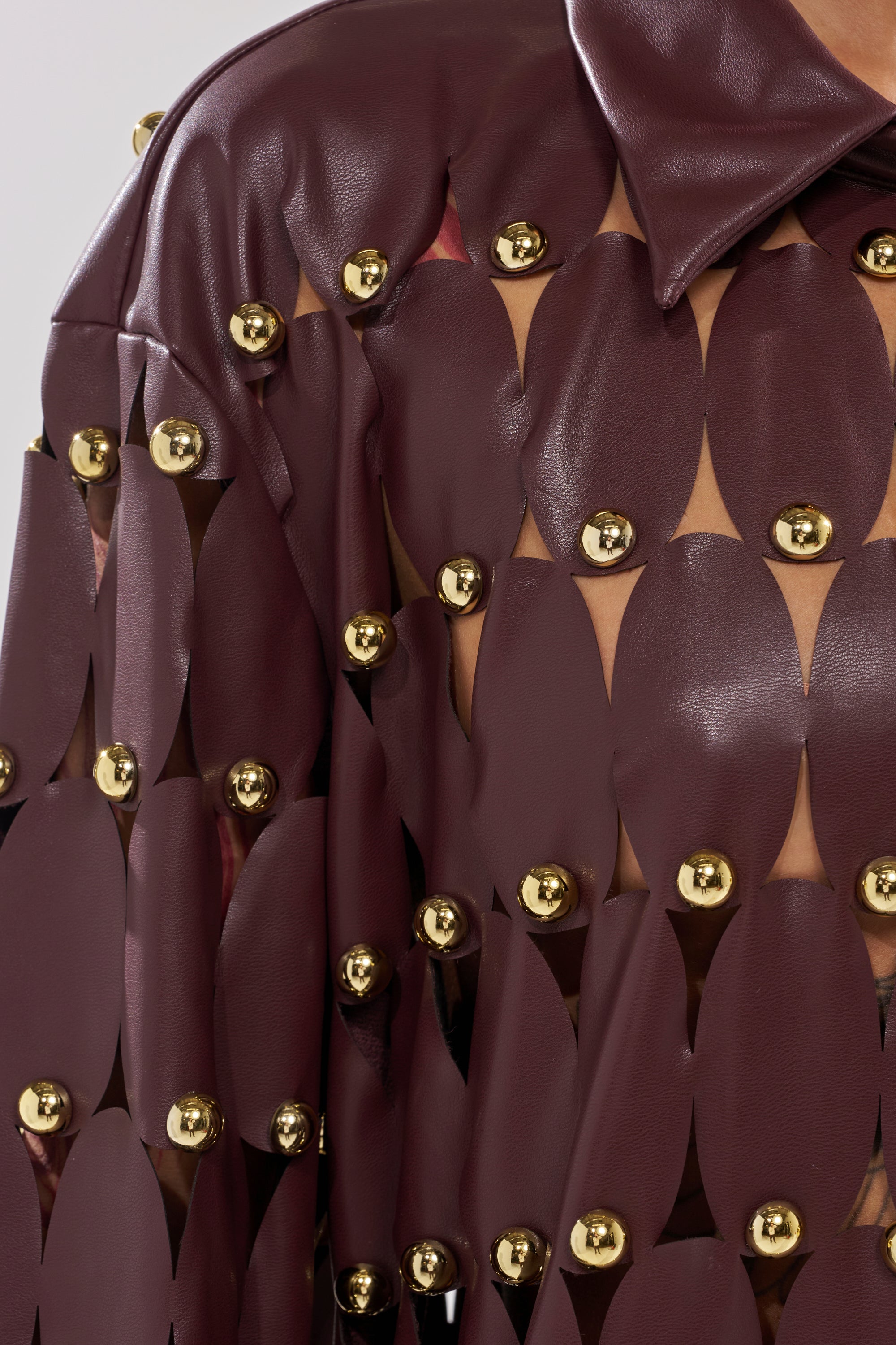 THE SNEAK PEEK STUDDED PU LONG CARDIGAN IN BURGUNDY
