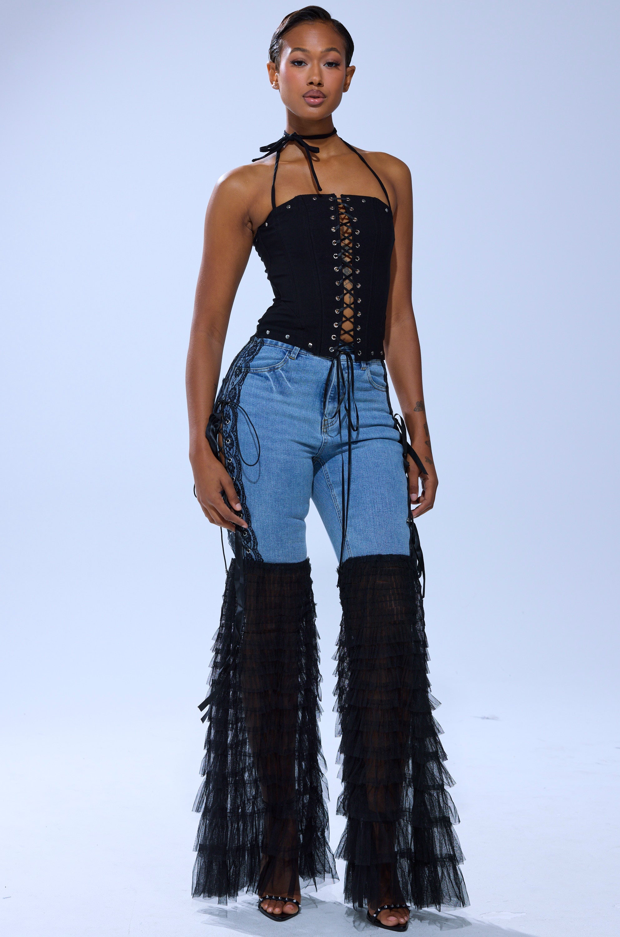 CAN'T DECIDE TULLE AND LACE DENIM JEANS