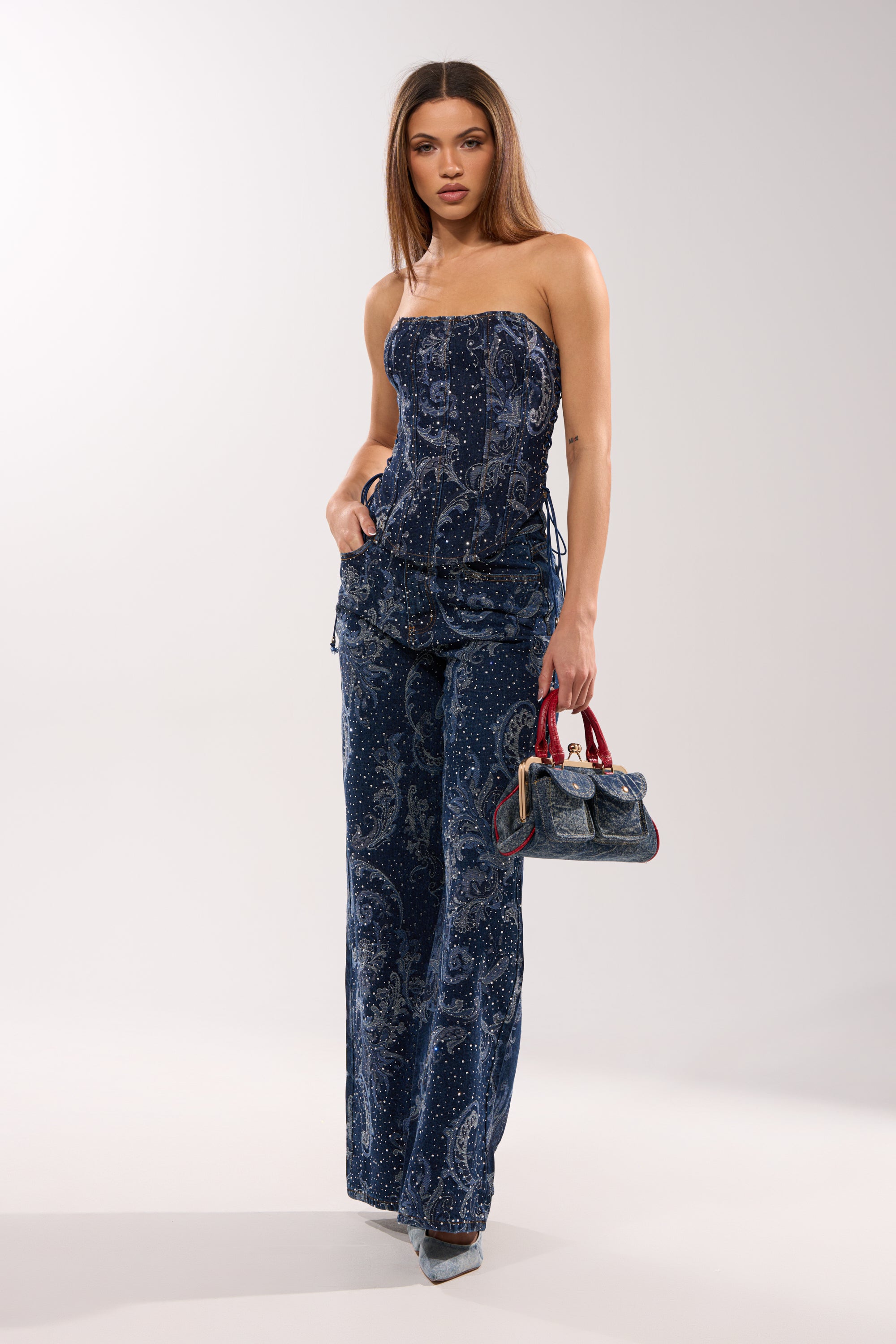 ELEVATED WIDE LEG DENIM WITH RHINESTONES