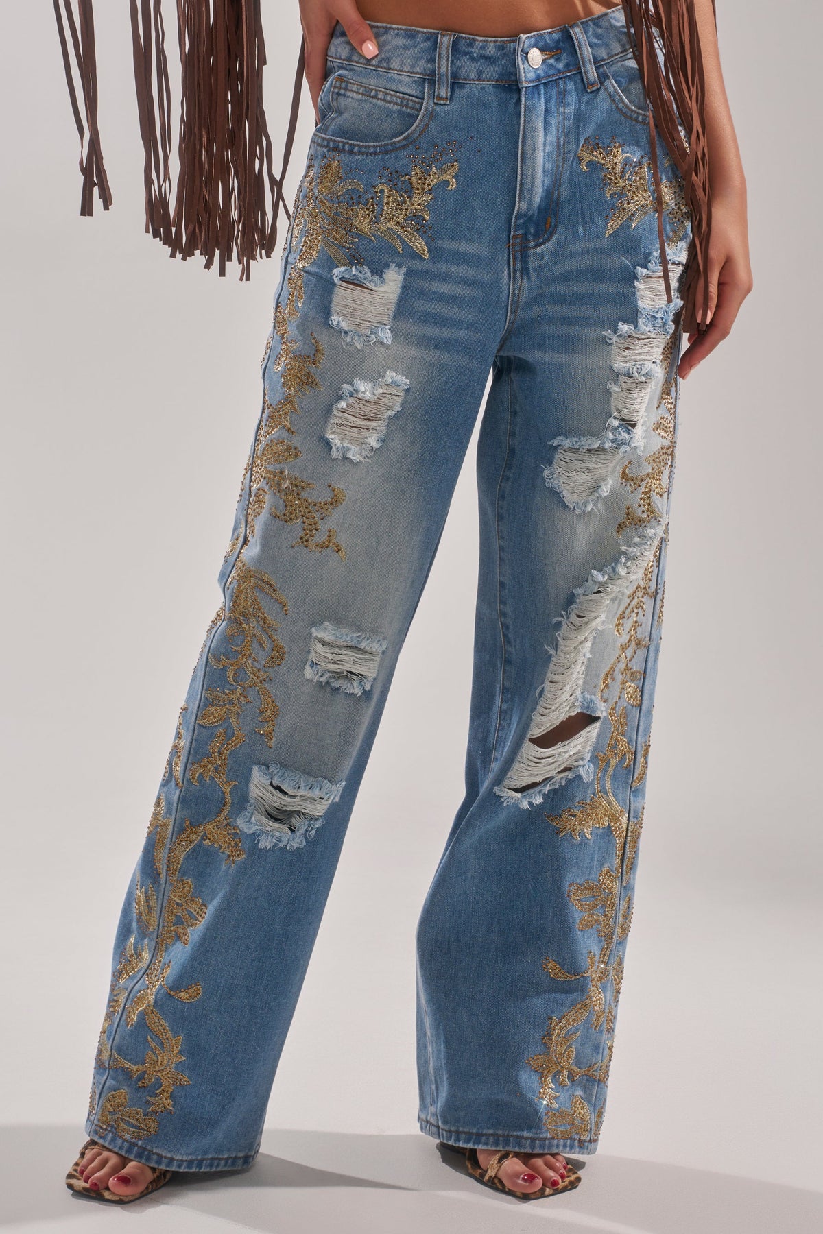 CLEO GOLDEN DISTRESSED STRAIGHT DENIM PANT