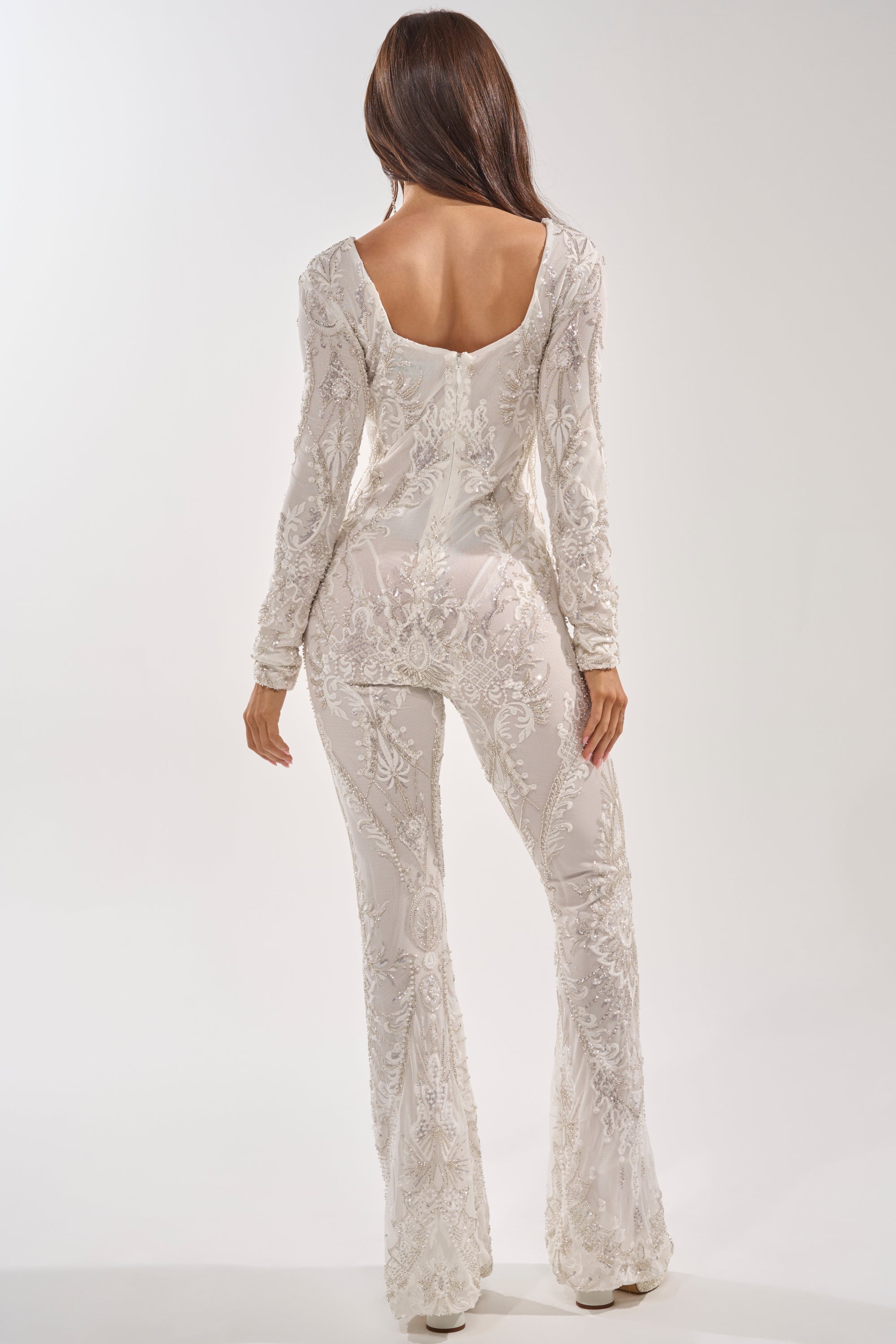 WATCH ME WORK EMBELLISHED SEQUIN JUMPSUIT IN WHITE