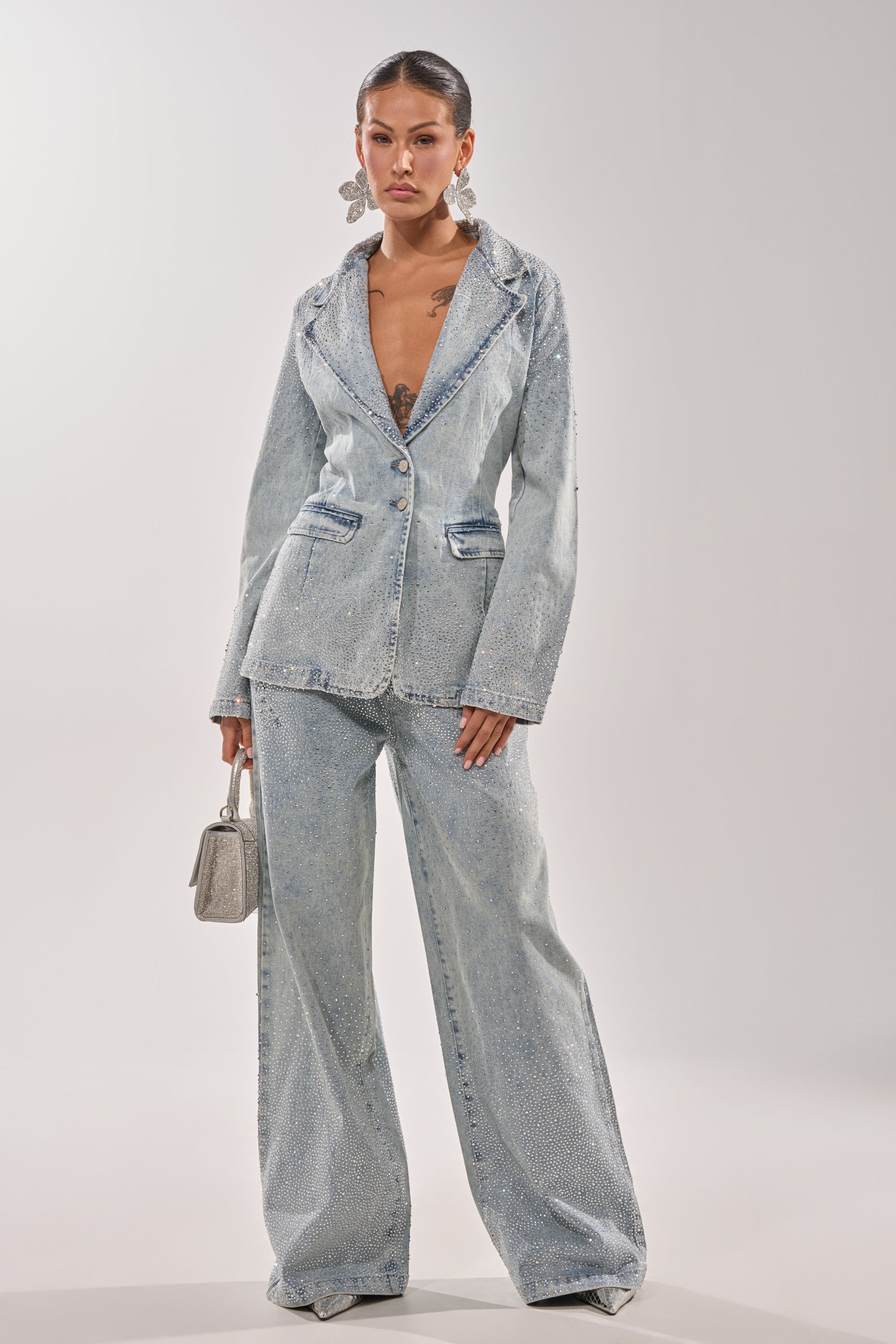 LIGHTS OUT RHINESTONE DENIM BLAZER
