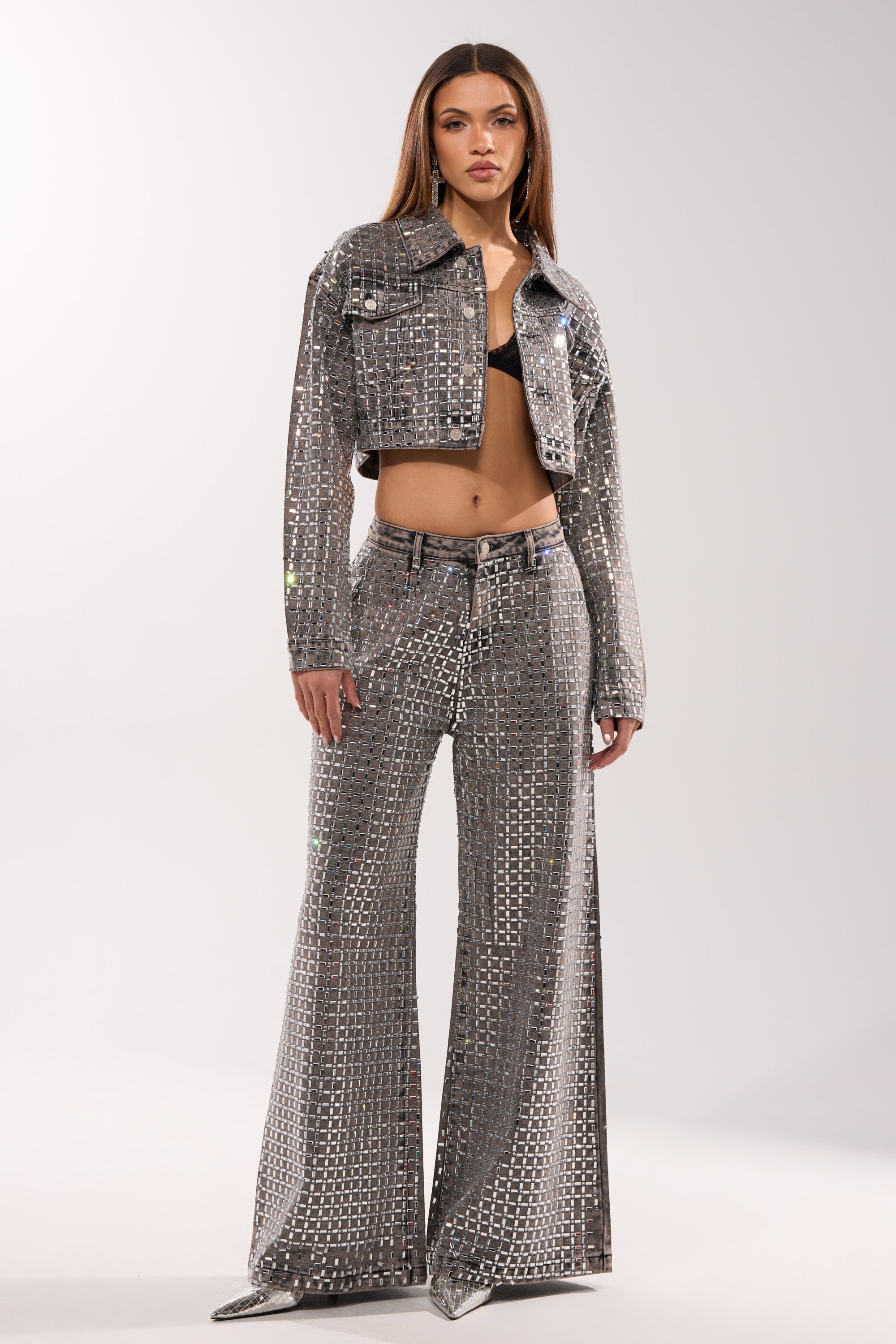 PICK N CHOOSE RHINESTONE WIDE LEG DENIM IN GREY