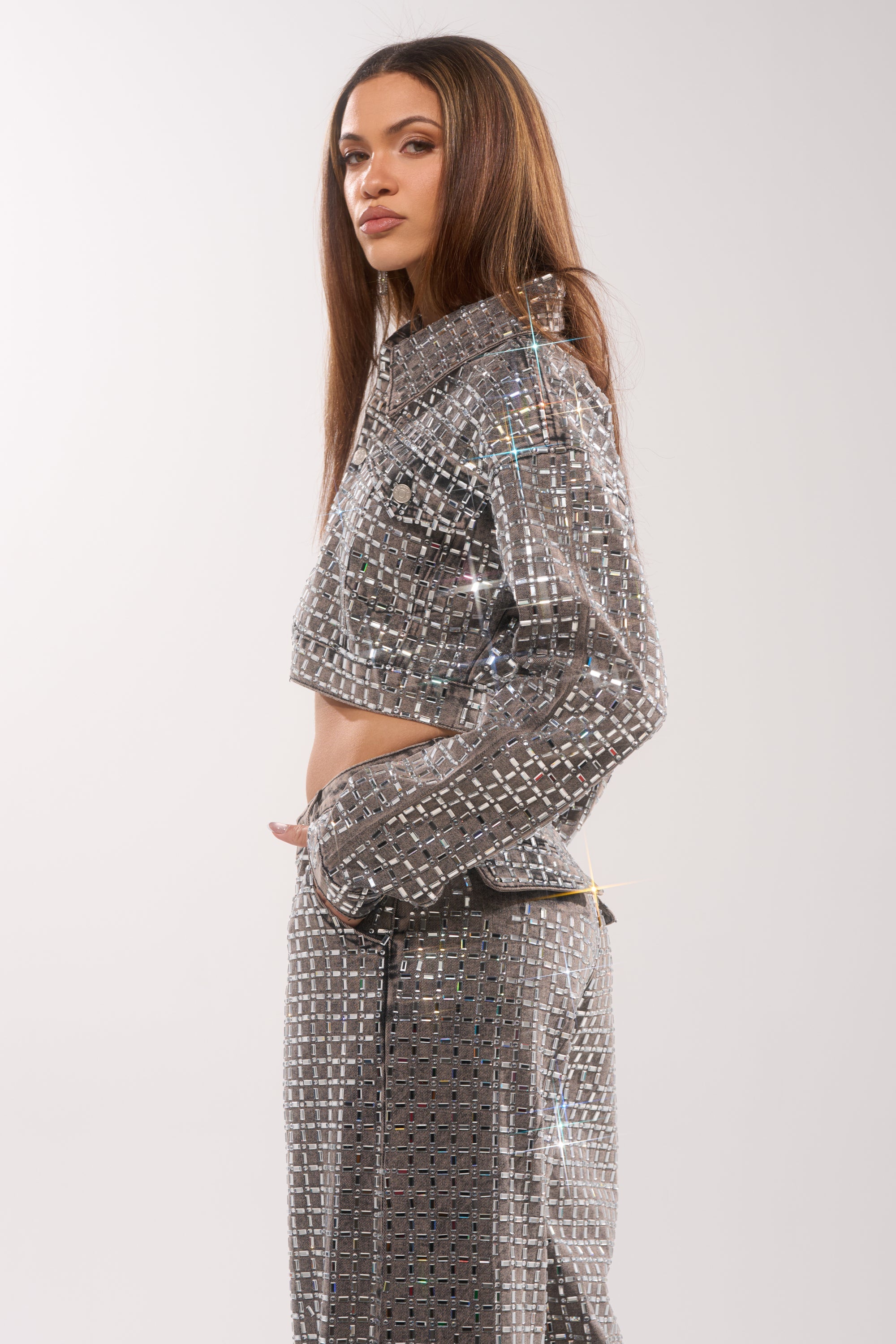 PICK N CHOOSE RHINESTONE DENIM JACKET IN GREY