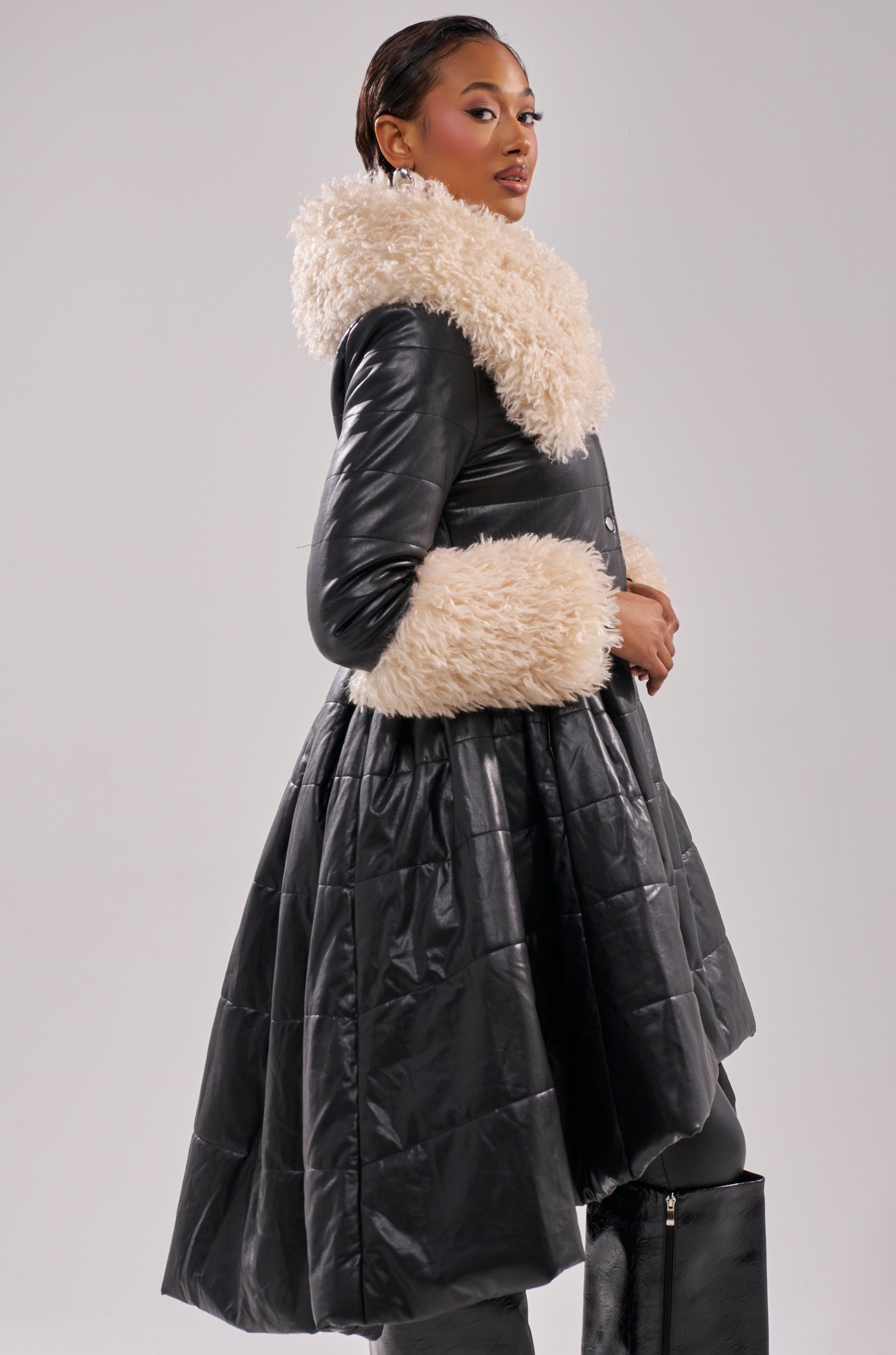 MIDTOWN PEPLUM PUFFER IN FAUX LEATHER