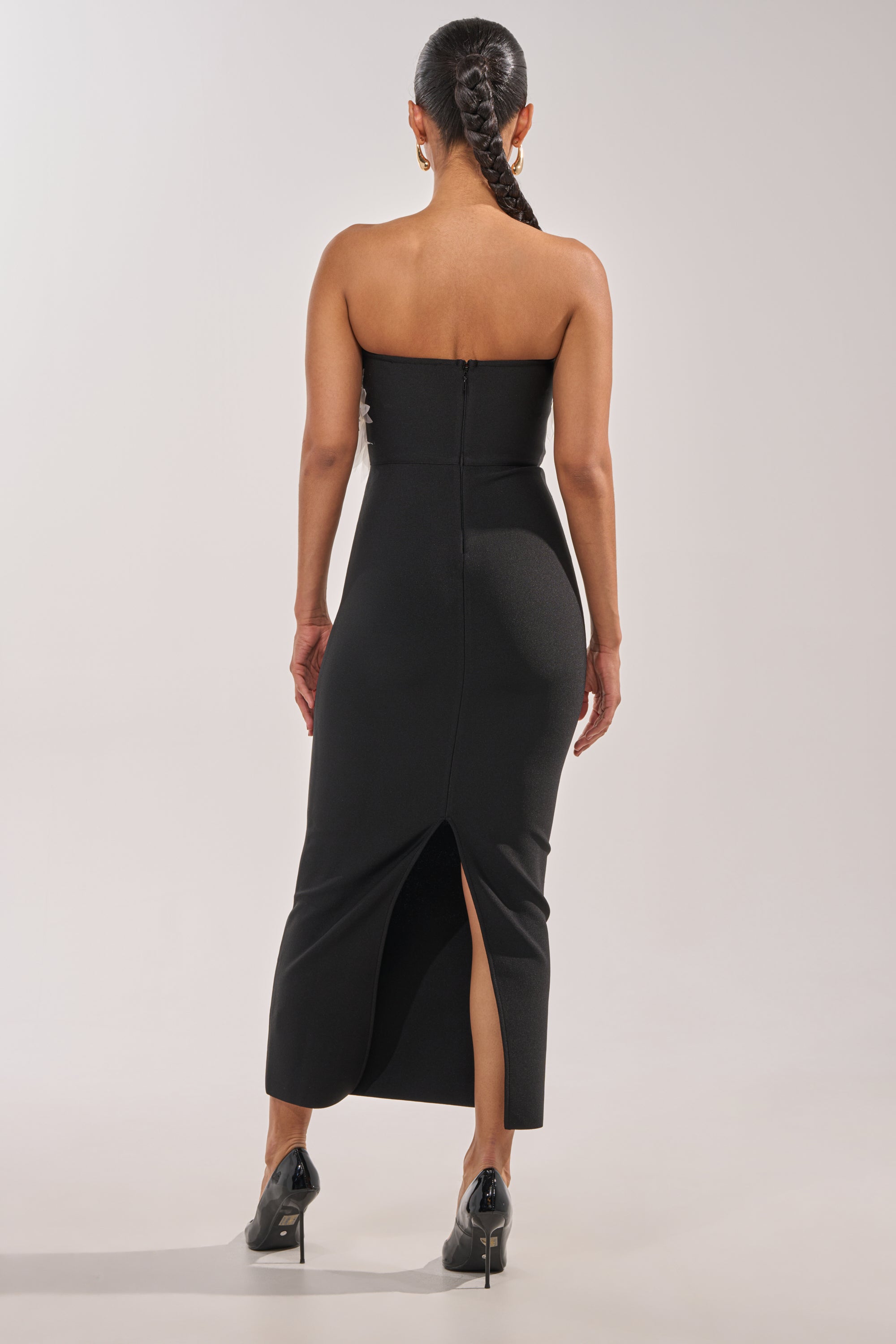 HEART ON MY SLEEVE BANDAGE MIDI DRESS IN BLACK