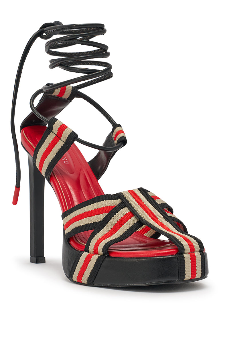 AZALEA WANG ABILENE BLACK MULTI STRIPPED STRAPPY CHUNKY SANDAL