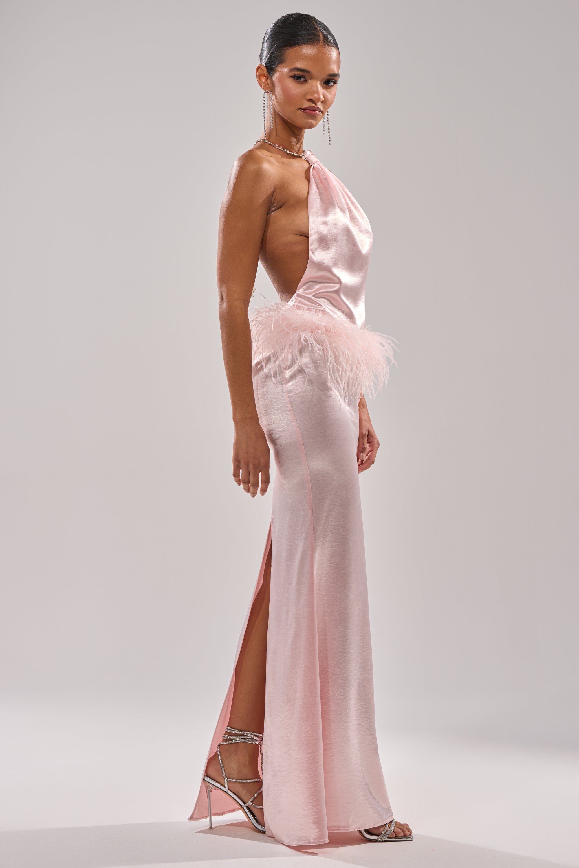 WHO IS SHE SATIN FEATHER MAXI DRESS