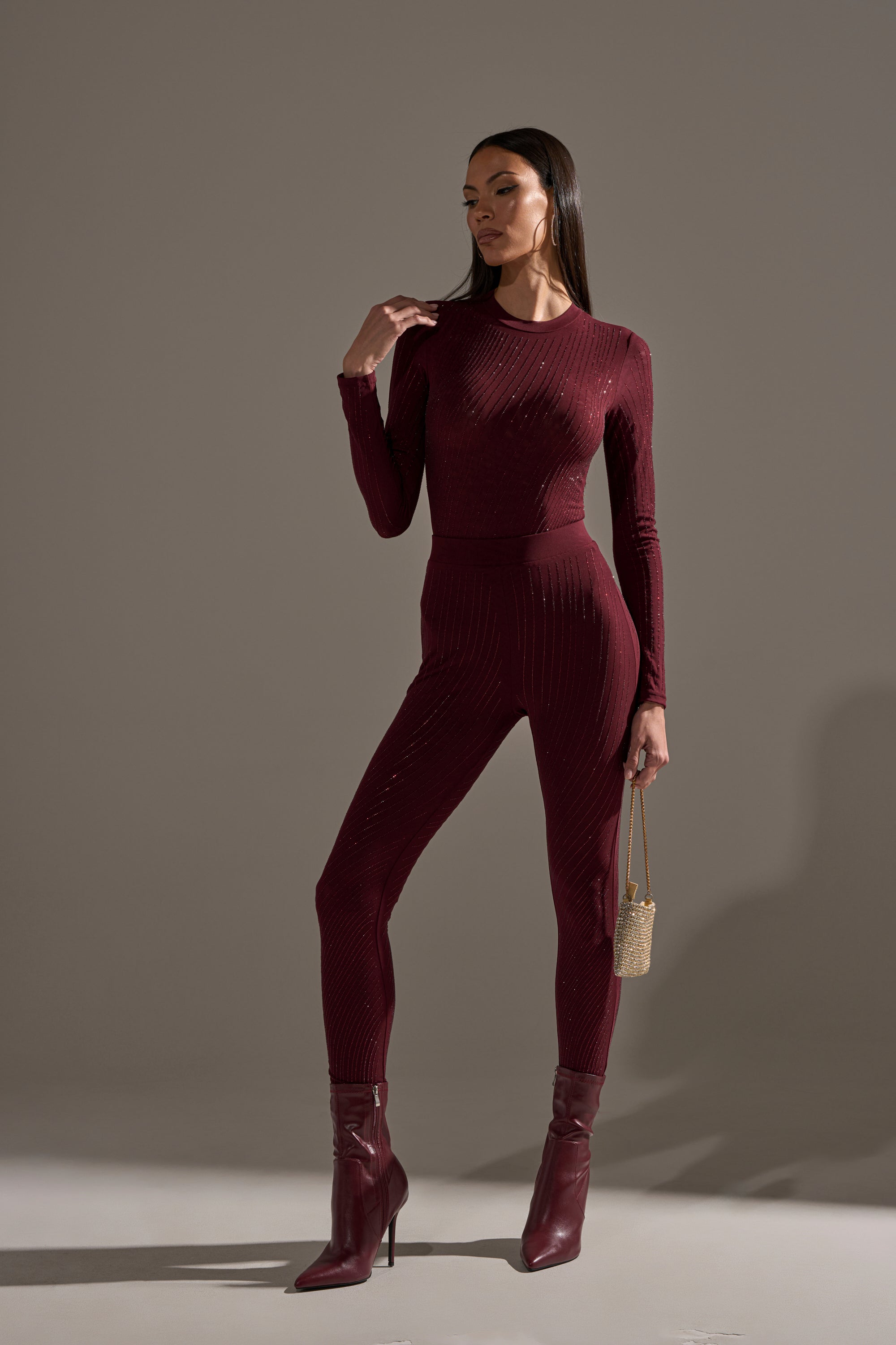 TWINKLING LIGHTS RHINESTONE LONG SLEEVE MESH BODYSUIT IN BURGUNDY