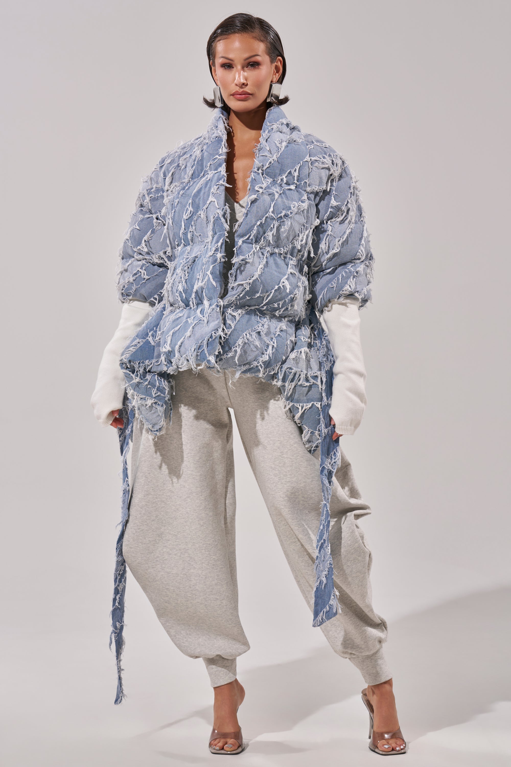 RIB SLEEVE PEPLUM PUFFER IN DENIM