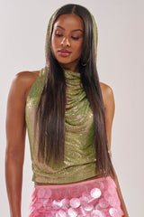 IN MY MIND HOODED CHAINMAIL TOP IN GREEN