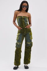 MIRA DISTRESSED VELVET DENIM JUMPSUIT