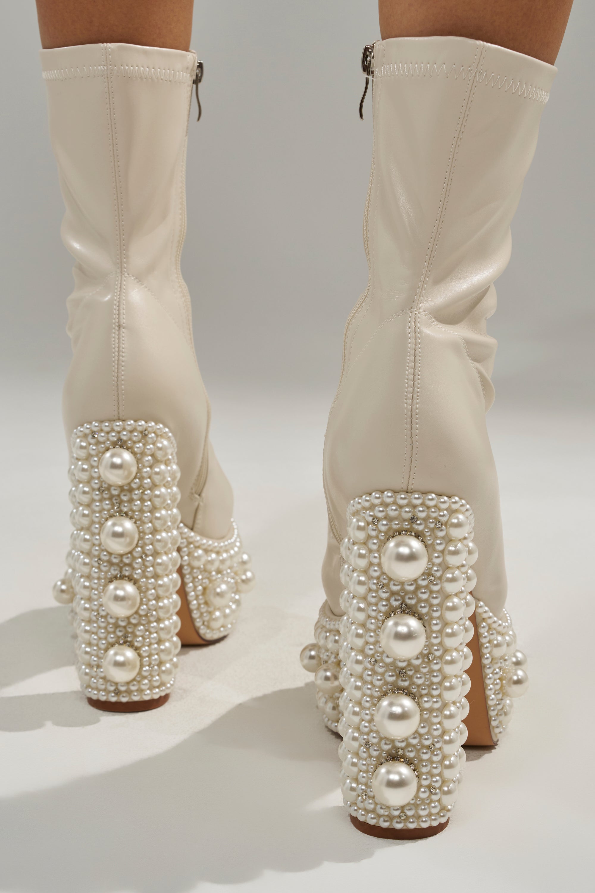 AZALEA WANG ANTARIS BEIGE PEARL DETAIL PLATFORM BOOTIE