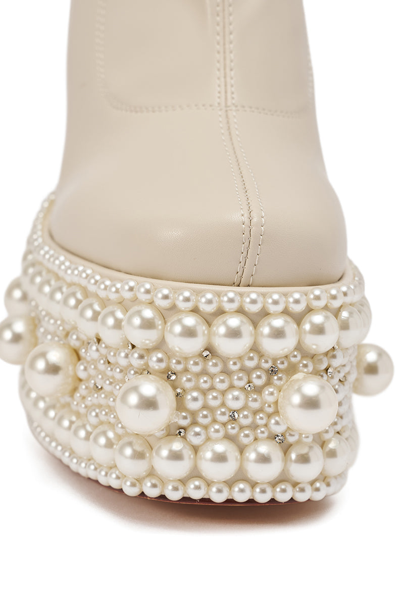 AZALEA WANG ANTARIS BEIGE PEARL DETAIL PLATFORM BOOTIE