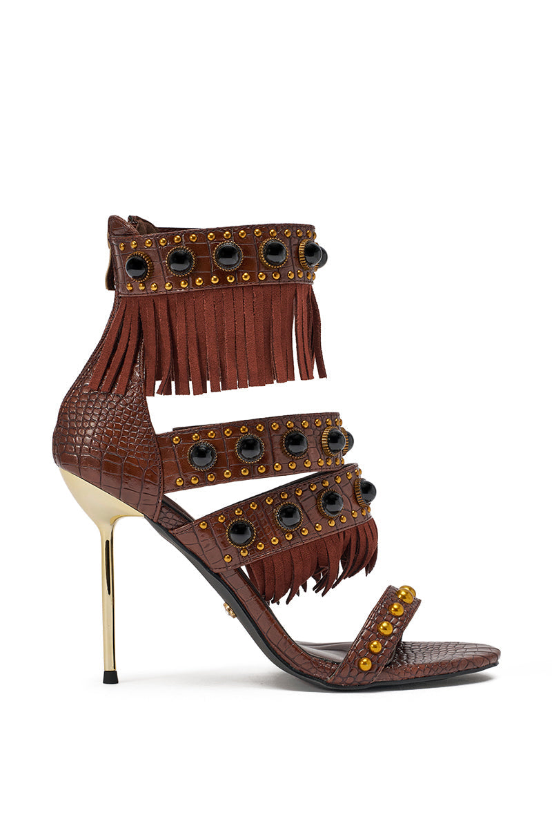 AZALEA WANG ANTOINE BROWN FRINGE AND GOLD EMBELLISHED STILETTO HEEL