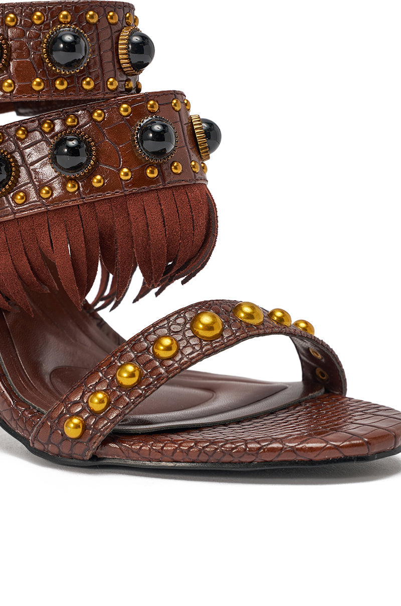 AZALEA WANG ANTOINE BROWN FRINGE AND GOLD EMBELLISHED STILETTO HEEL