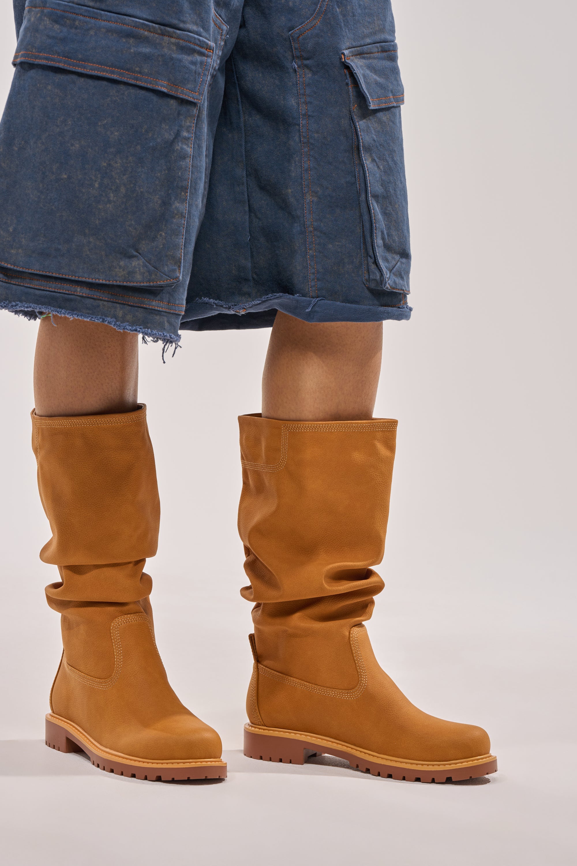 AKIRA GOLD BARTLETT TAN FLAT RUCHED BOOTIE
