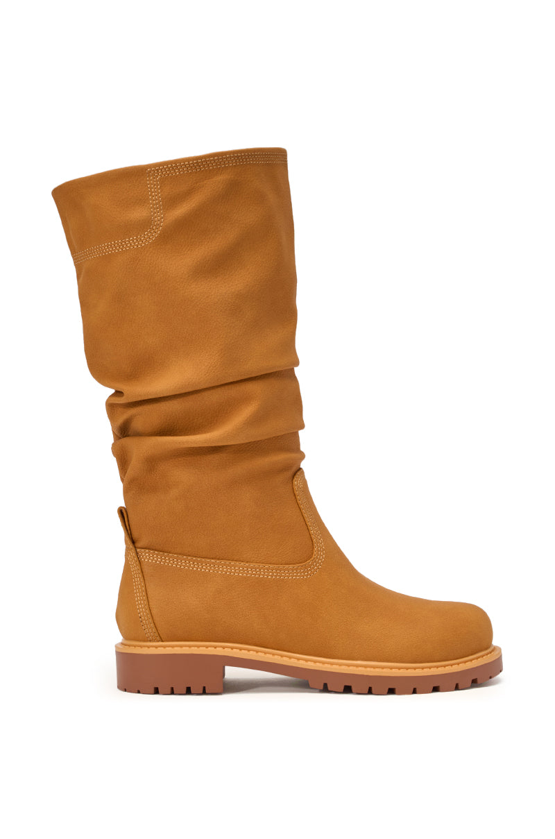 AKIRA GOLD BARTLETT TAN FLAT RUCHED BOOTIE