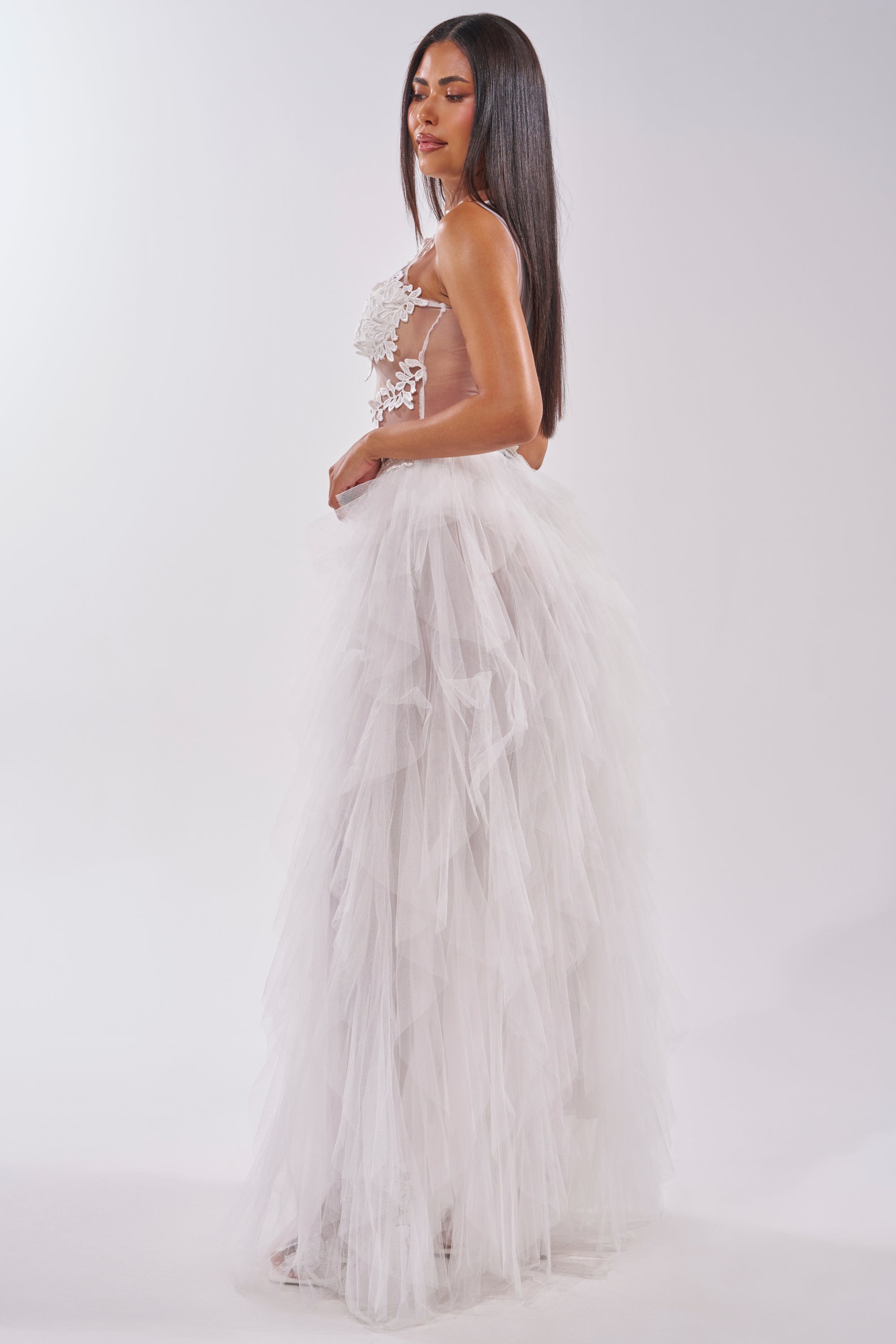 FELT CUTE RUFFLE MAXI DRESS WITH FLORAL APPLIQUES