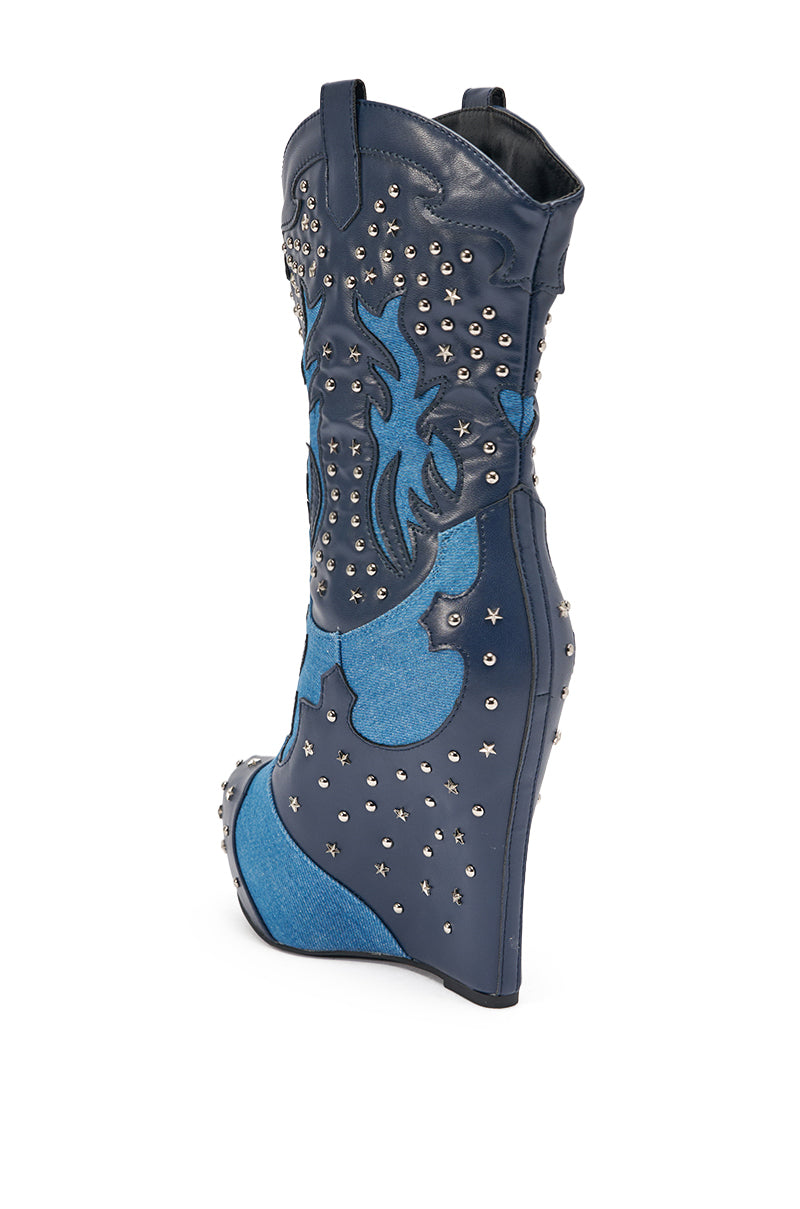 AZALEA WANG CALLIA DENIM WESTERN WEDGE BOOTIE