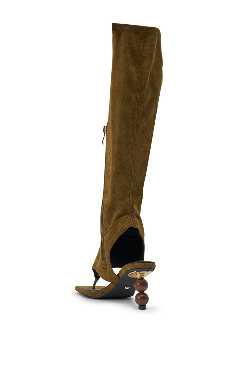 AZALEA WANG DOTTIE OLIVE STRETCH FAUX SUEDE BOOT WITH EMBELLISHED HEEL AND TOE HARDWARE