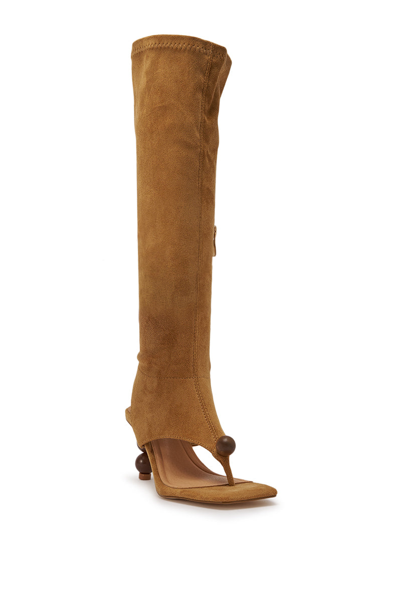 AZALEA WANG DOTTIE TAN STRETCH FAUX SUEDE BOOT WITH EMBELLISHED HEEL AND TOE HARDWARE