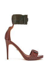 AKIRA GOLD ELEGY BROWN CROC BUCKLE HARDWARE STILETTO SANDAL