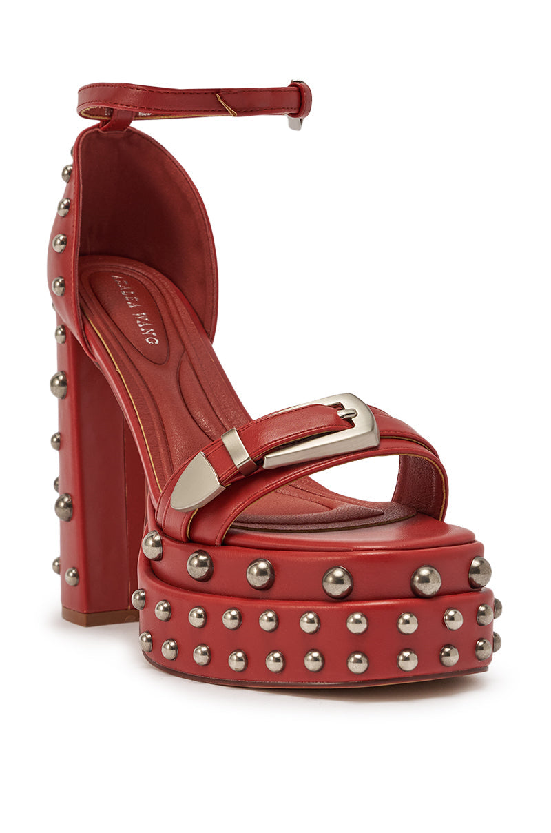 AZALEA WANG EUGENIJA RED CHUNKY EMBELLISHED STUDDED SANDAL